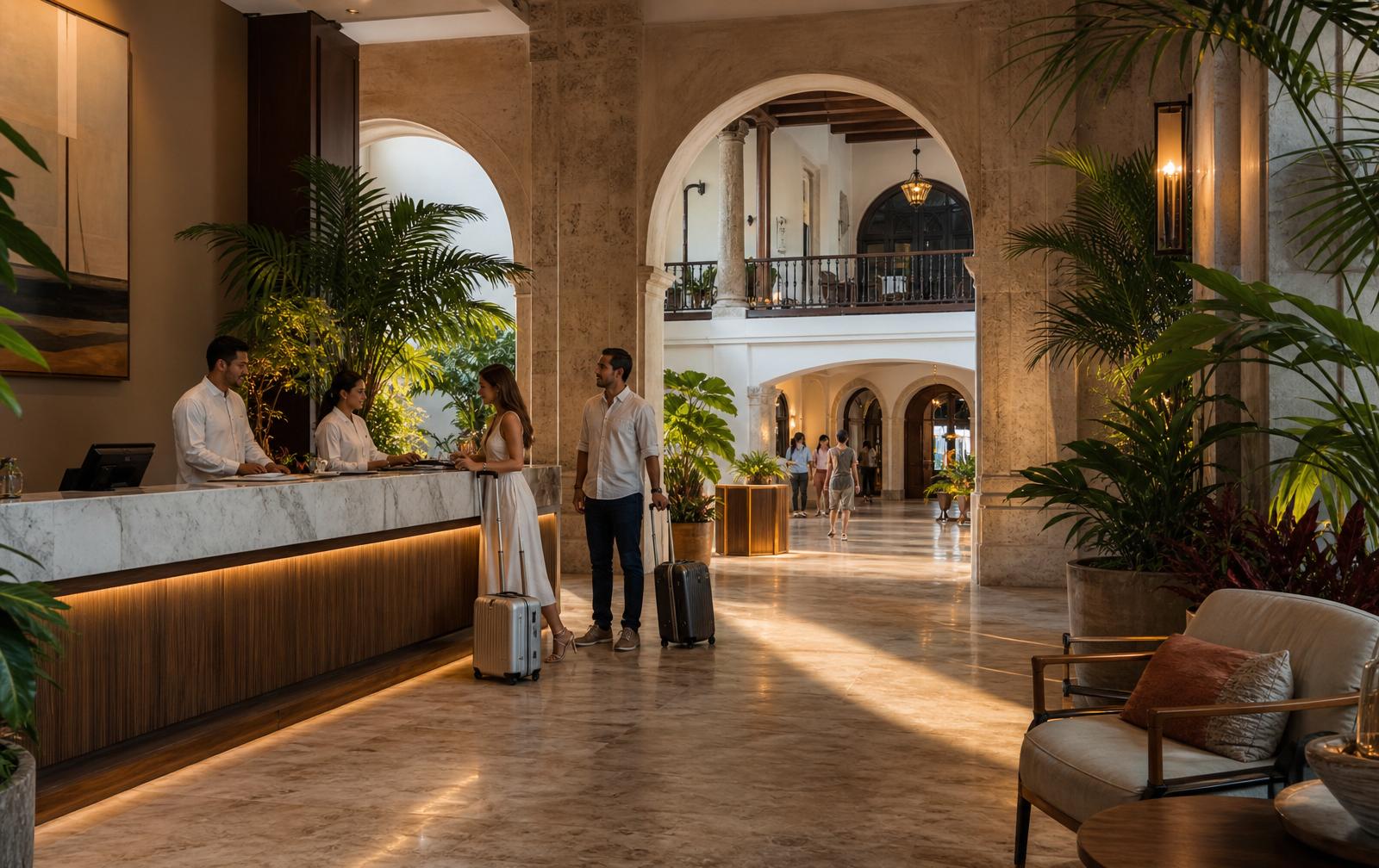 Recepción de hotel con huéspedes latinos llegando al lobby
