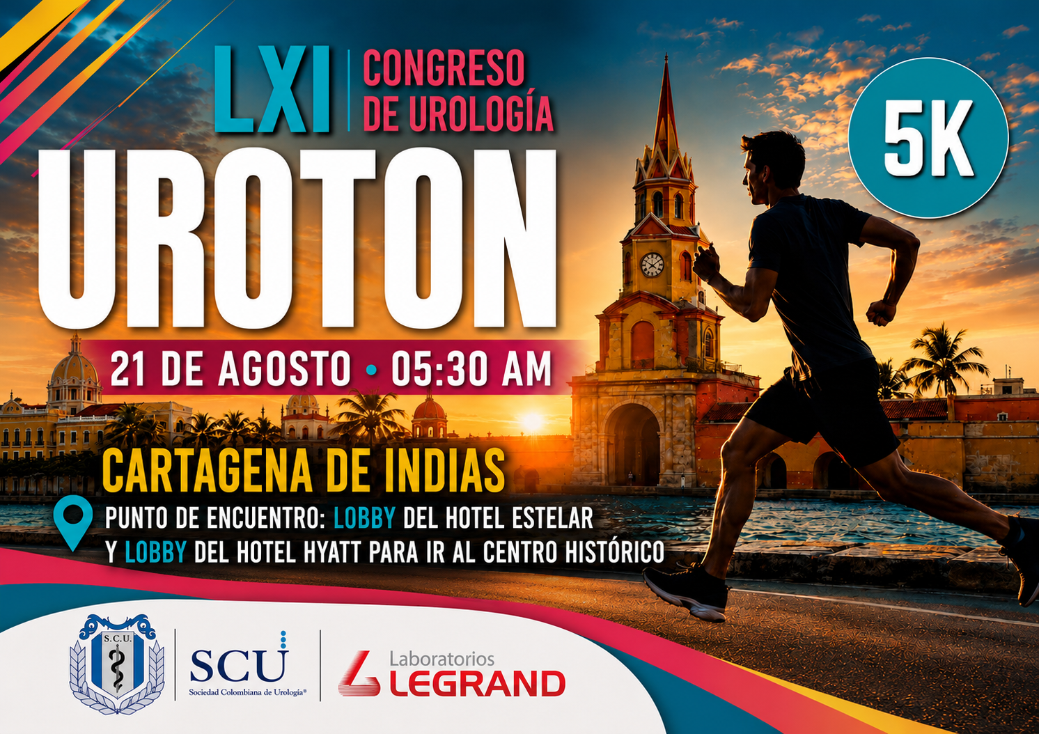 Afiche oficial Urotón SCU 2026 · Carrera 5K · 21 de agosto en Cartagena de Indias